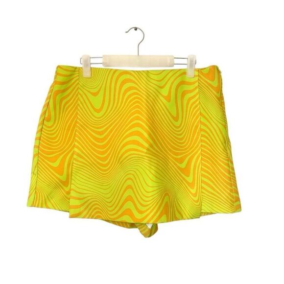 Primark Neon Swirl Print Built-In Shorts Mini Skort Yellow Orange Size 14 - Picture 1 of 5